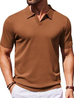 Women's Caramel V-Neck Short Sleeve Stretch Knit Polo Shirt Top